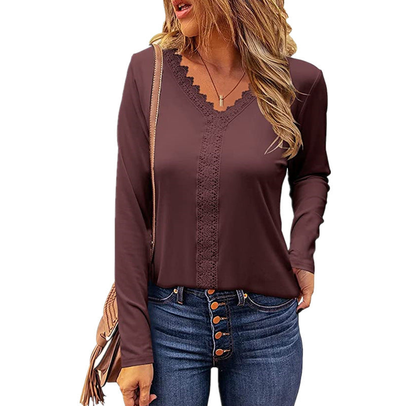 Ladies elegant long sleeve V-neck T-shirt with lace trim Lune London