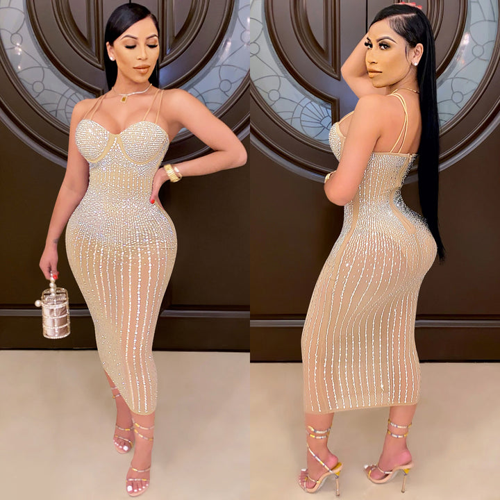 Lune London rhinestone embellished bodycon midi dress for ladies