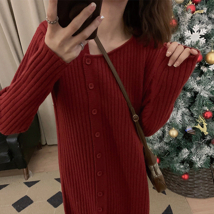 Robe en tricot pour femme avec col haut et fermeture à boutons Chic & Stil