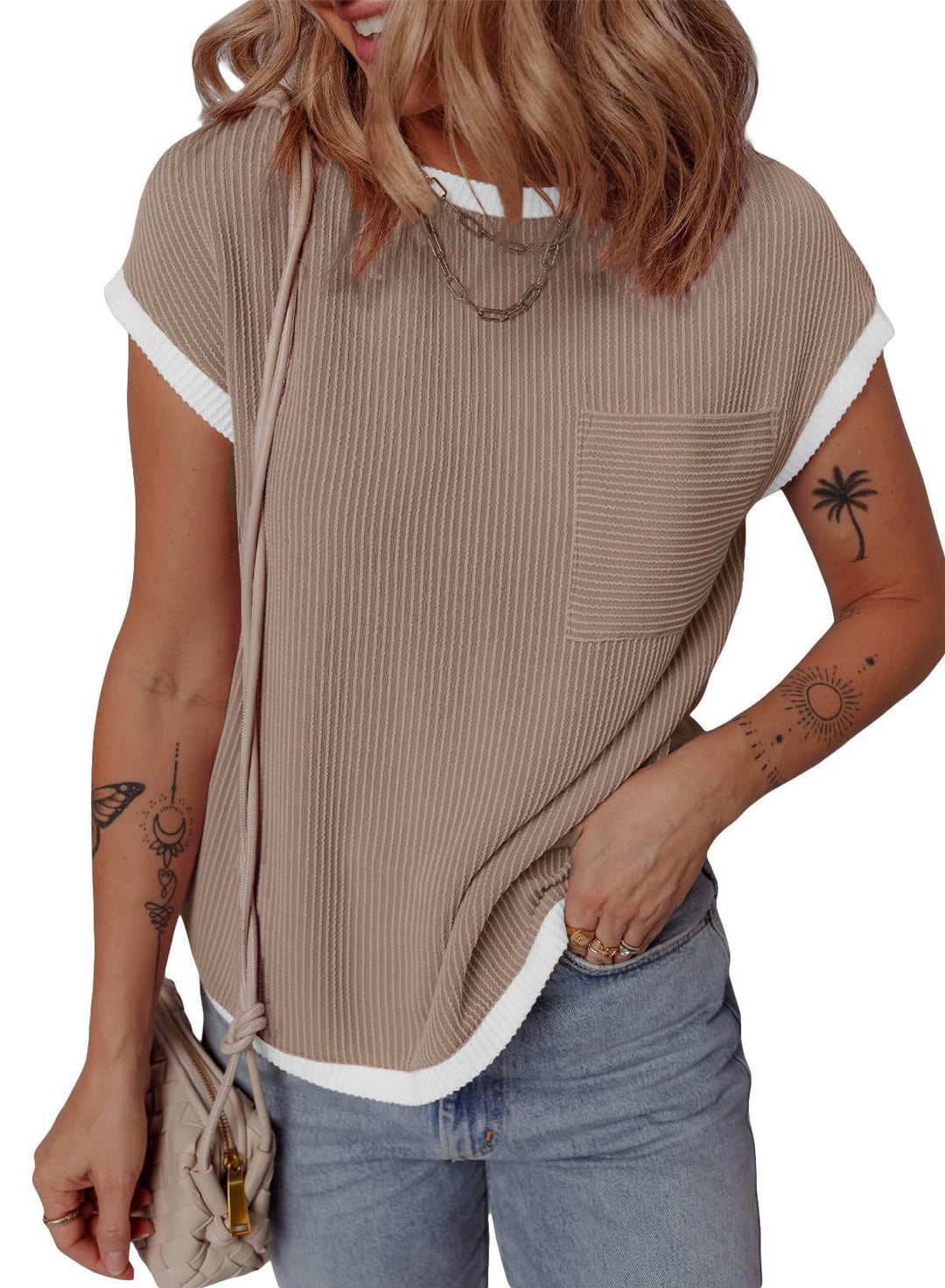 Boxy textured T-shirt for women with pocket Lune London