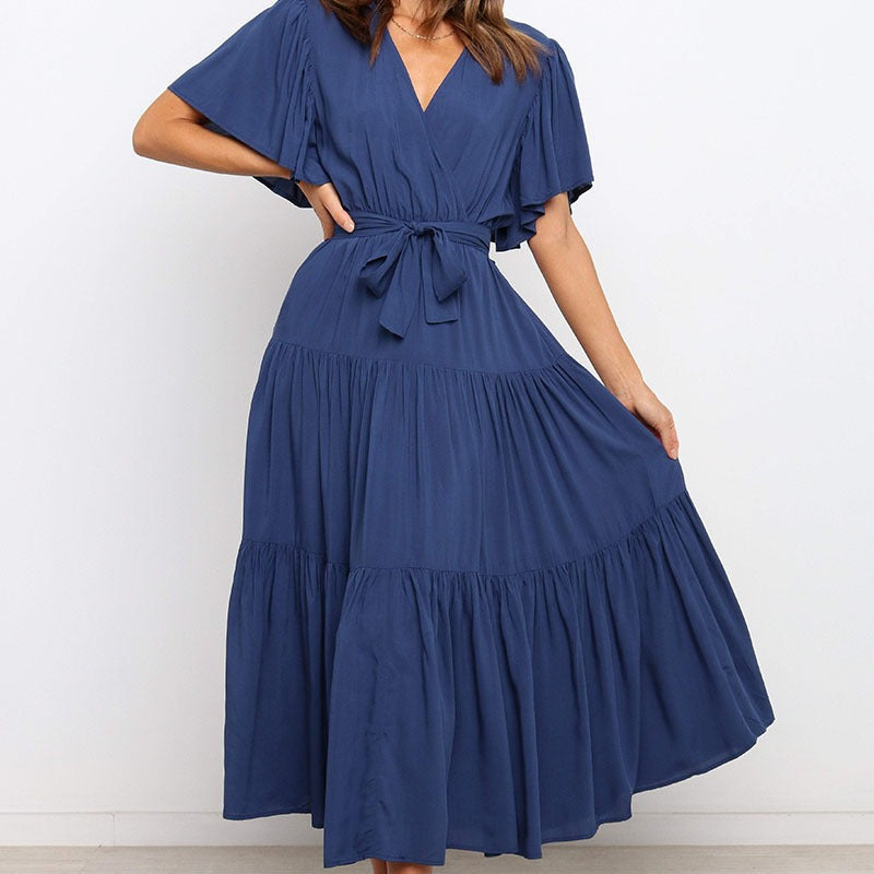 Lune London Fluid maxi dress for women with tie-up belt and butterfly sleeves
