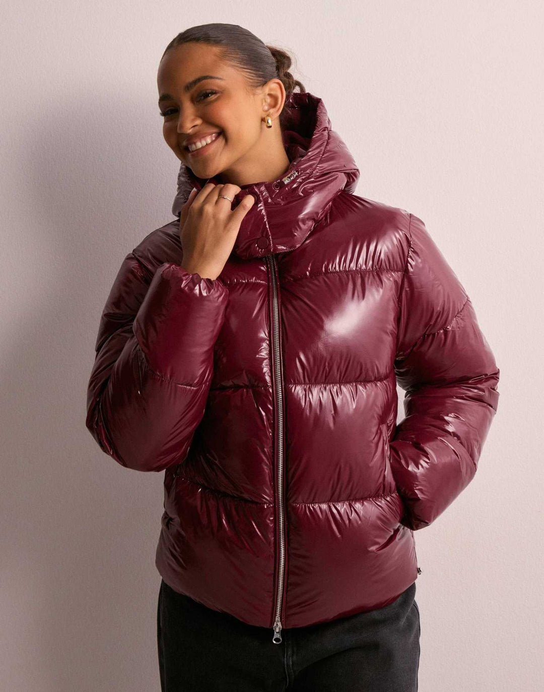 Ladies Shiny Quilted Jacket with Removable Hood Lune London