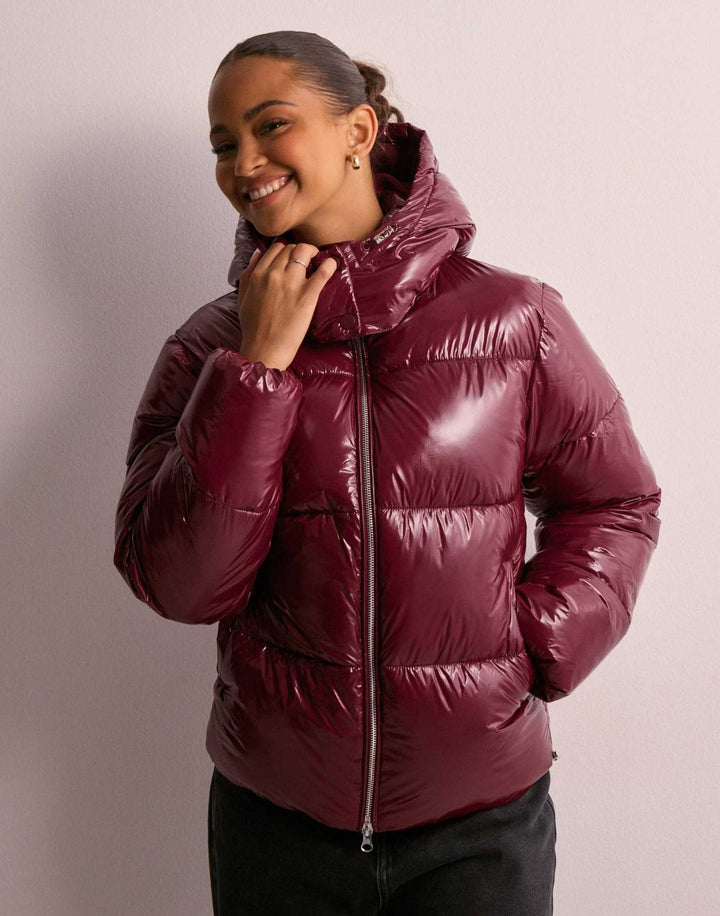 Ladies Shiny Quilted Jacket with Removable Hood Lune London