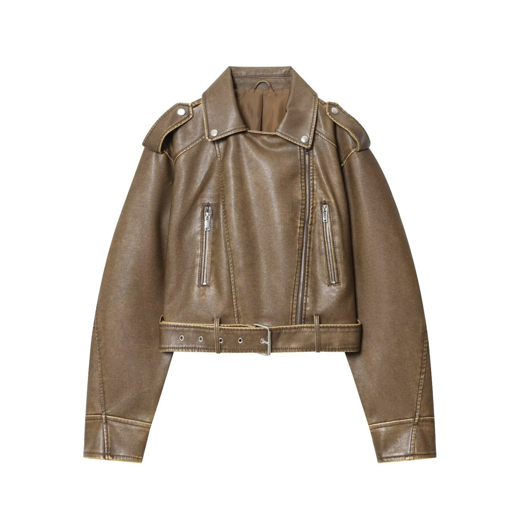 Fashionable women's biker jacket in a vintage look with a belt at the waist and zip pockets Lune London