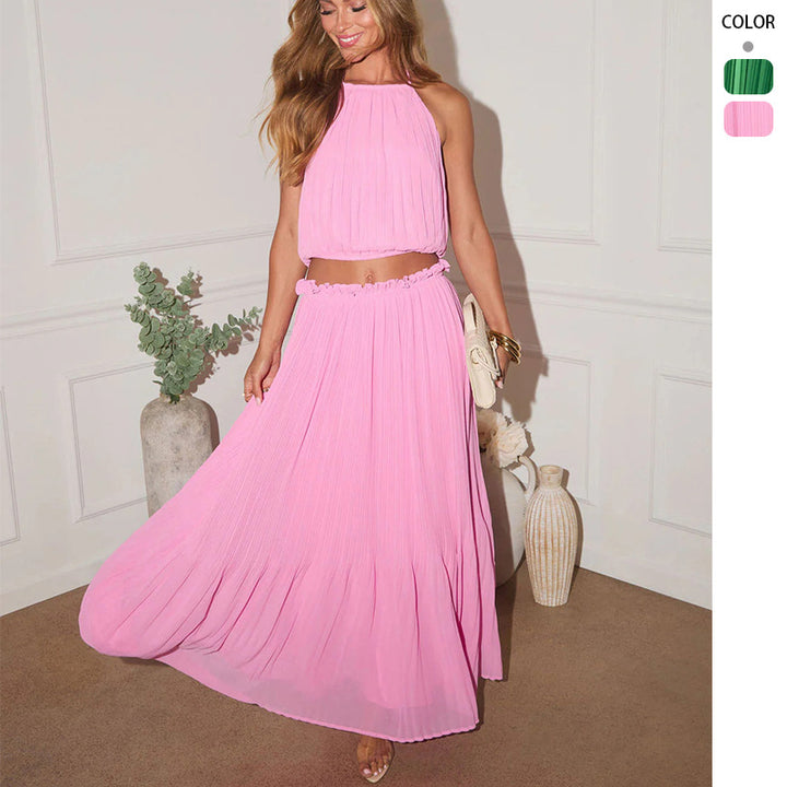 Women's Pleated Two-Piece Set with Crop Top and Elegant Maxi Skirt Lune London