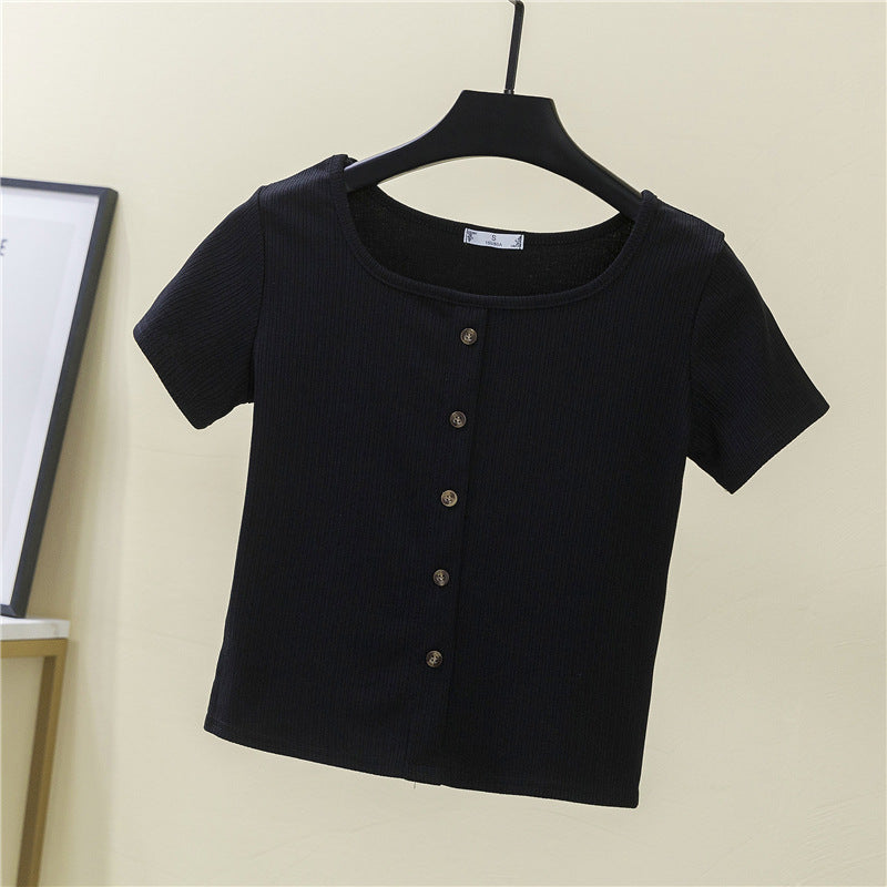 Women's short-sleeve shirt with decorative button placket and modern ribbed knit Lune London