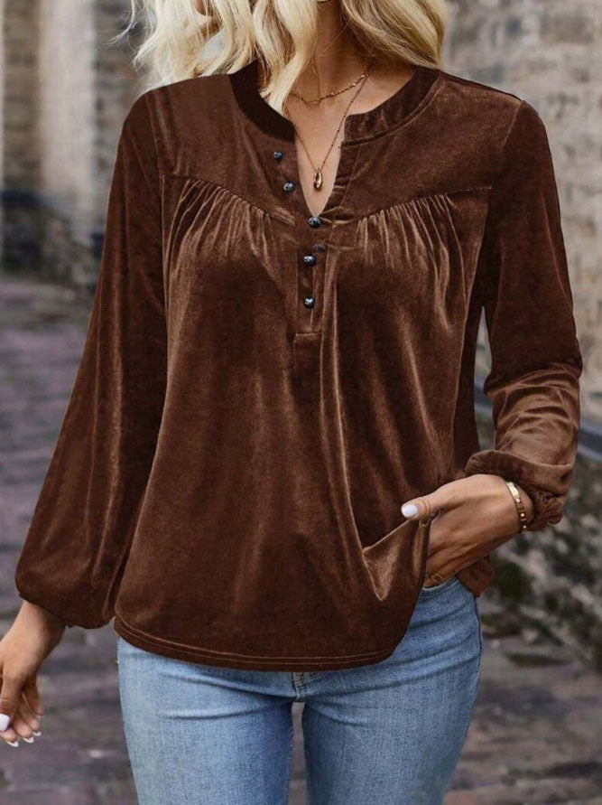 Velvet blouse for ladies with button placket and balloon sleeves Lune London