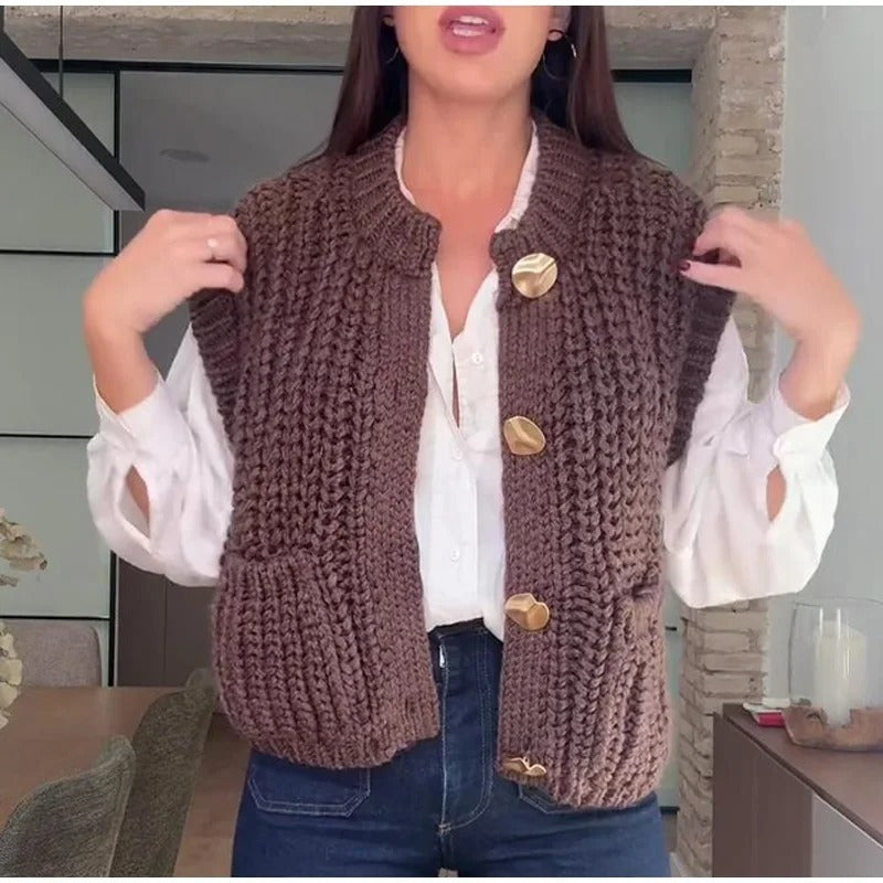 Ladies knitted vest with pockets and button detail Lune London
