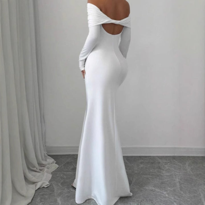 Ladies Elegant Maxi Dress Off-Shoulder with Long Sleeves and Chic Draped Top