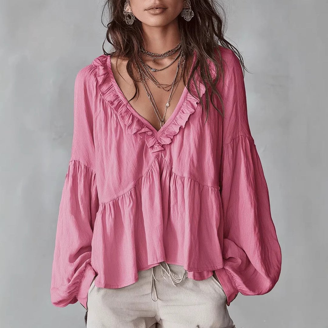 Women's Flowing Top with Ruffled Details and V-Neck Lune London