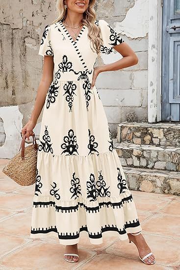 Maxi dress for women with V-neckline and contrasting embroidery details Lune London