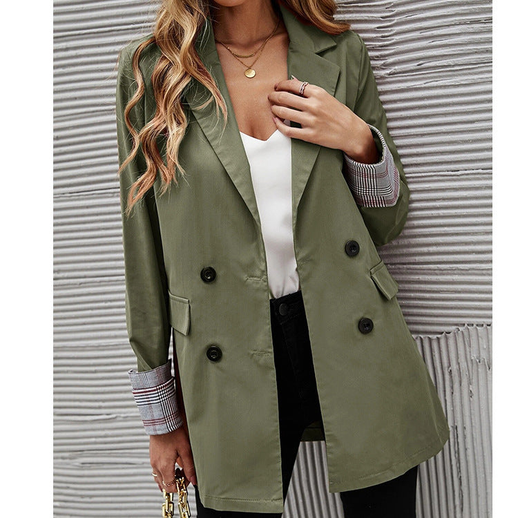 Women Elegant Double-Breasted Blazer with Chic Checkered Detail and Style