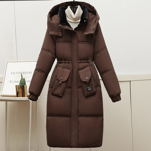 Ladies Long Down Jacket with Removable Hood and Large Pockets Lune London