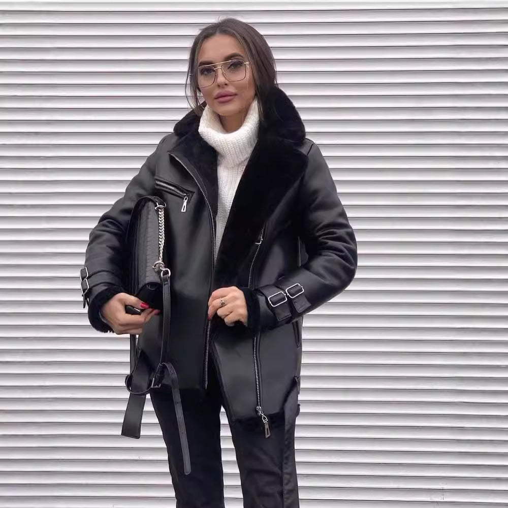 Trendy synthetic leather jacket for women with soft lining and side zippers Lune London