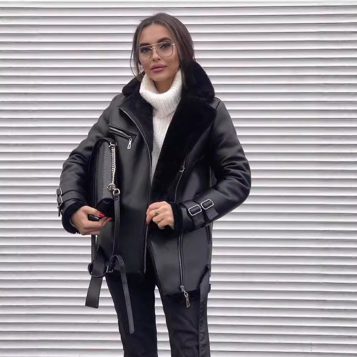Trendy synthetic leather jacket for women with soft lining and side zippers Lune London