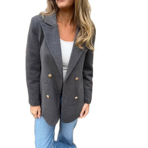 Ladies Elegant Double-Breasted Blazer with Textured Fabric and Gold Buttons Lune London
