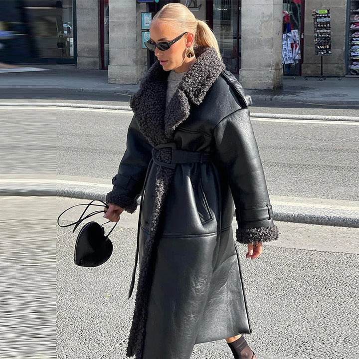Ladies Trendy Synthetic Leather Coat with Oversized Collar and Belt Lune London