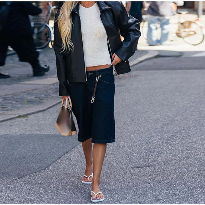 Trendy synthetic leather jacket for women with elastic cut and practical pockets Lune London