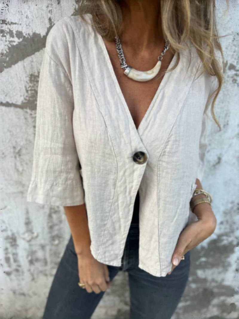 Lightweight linen jacket for women with three-quarter sleeves and Moon London button detail