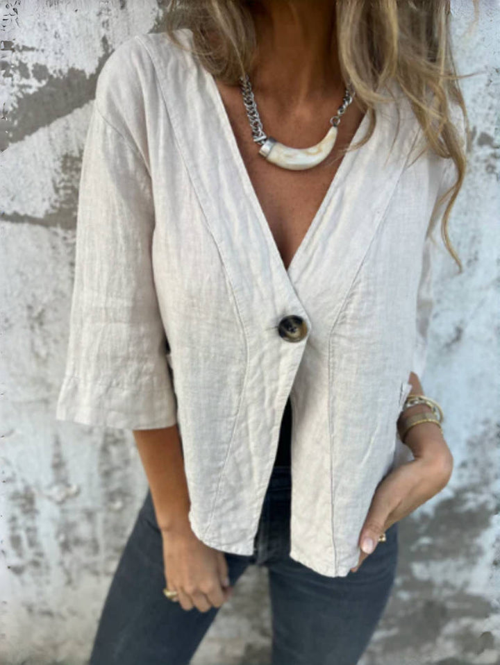 Lightweight linen jacket for women with three-quarter sleeves and Moon London button detail
