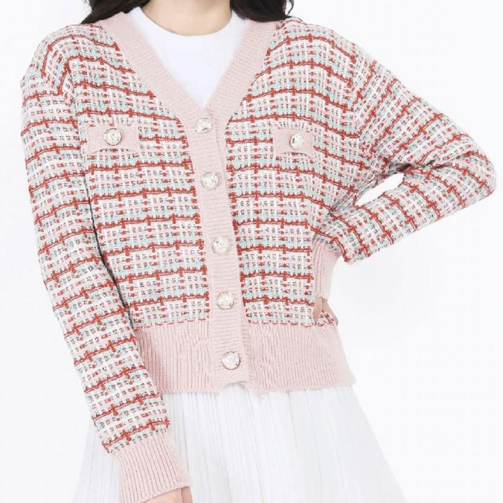 Fashion knit cardigan for ladies with a colorful pattern and a chic button placket