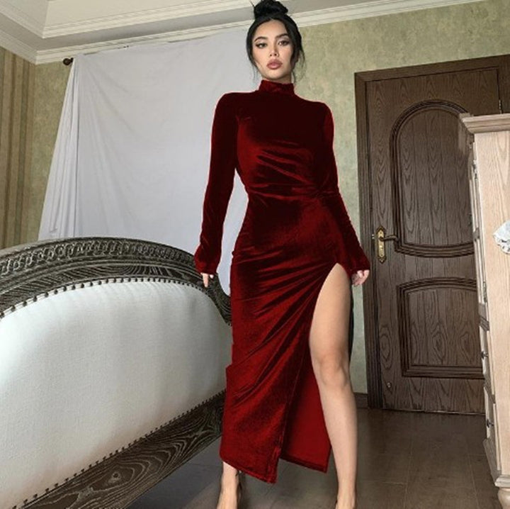 Elegant wrap dress for women with high neckline and side slit Lune London