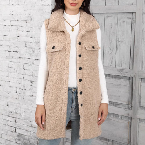 Ladies Comfortable Plush Jacket with Patch Pockets and Stylish Chic Collar