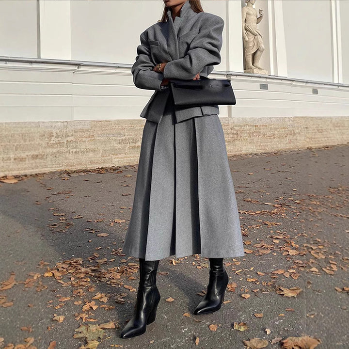 Ladies elegant oversized coat with high collar and structured sleeves Lune London