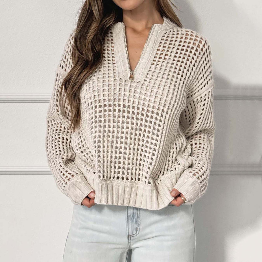 Casual knitted sweater for women with zipper and airy mesh structure Lune London
