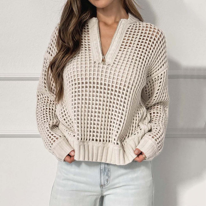 Casual knitted sweater for women with zipper and airy mesh structure Lune London