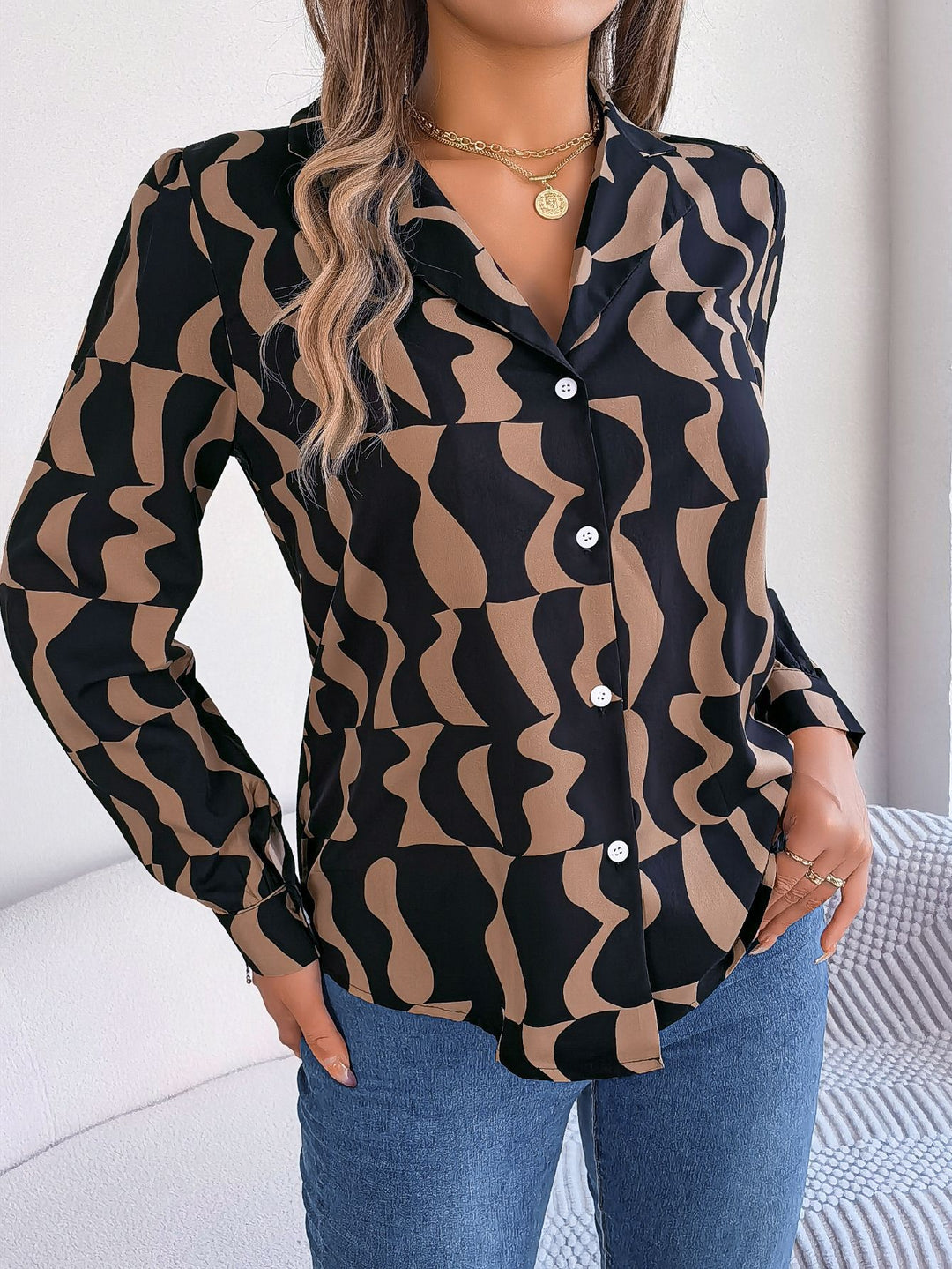 Chic shirt dress for women with a modern graphic design and Moon London button details