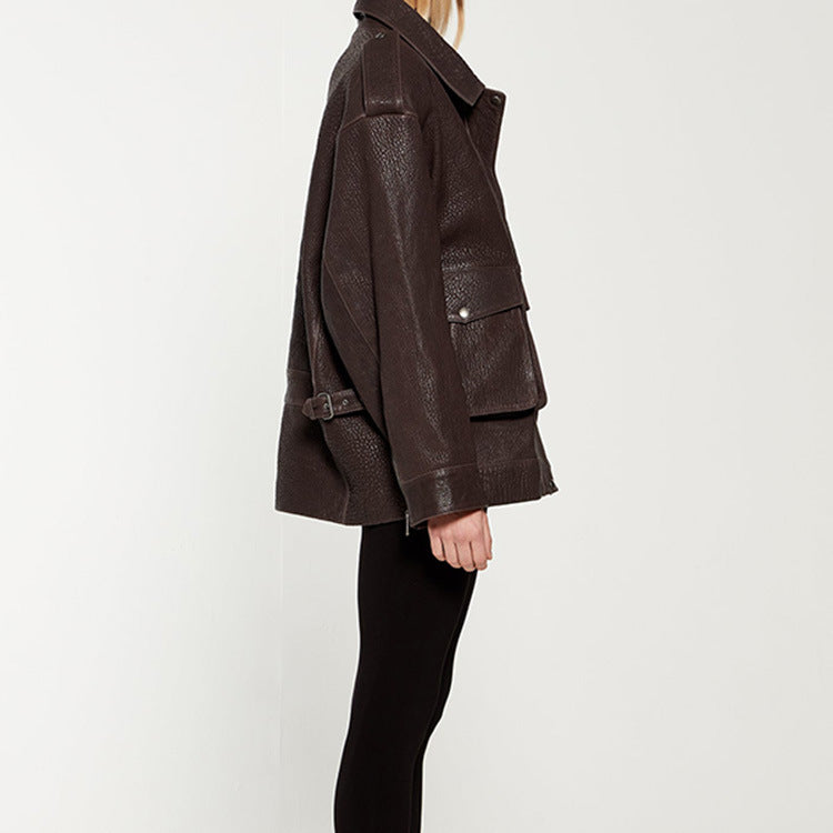 Oversized leather jacket for women with a sturdy design and practical pockets Lune London