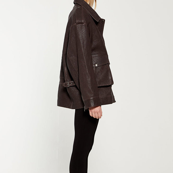 Oversized leather jacket for women with a sturdy design and practical pockets Lune London