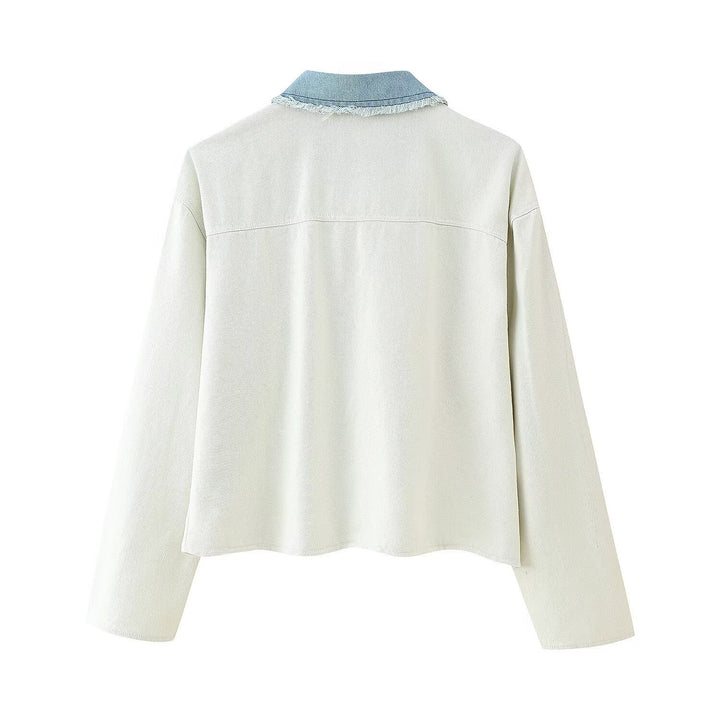 Cropped denim jacket for women with contrasting pockets and frayed hem Lune London