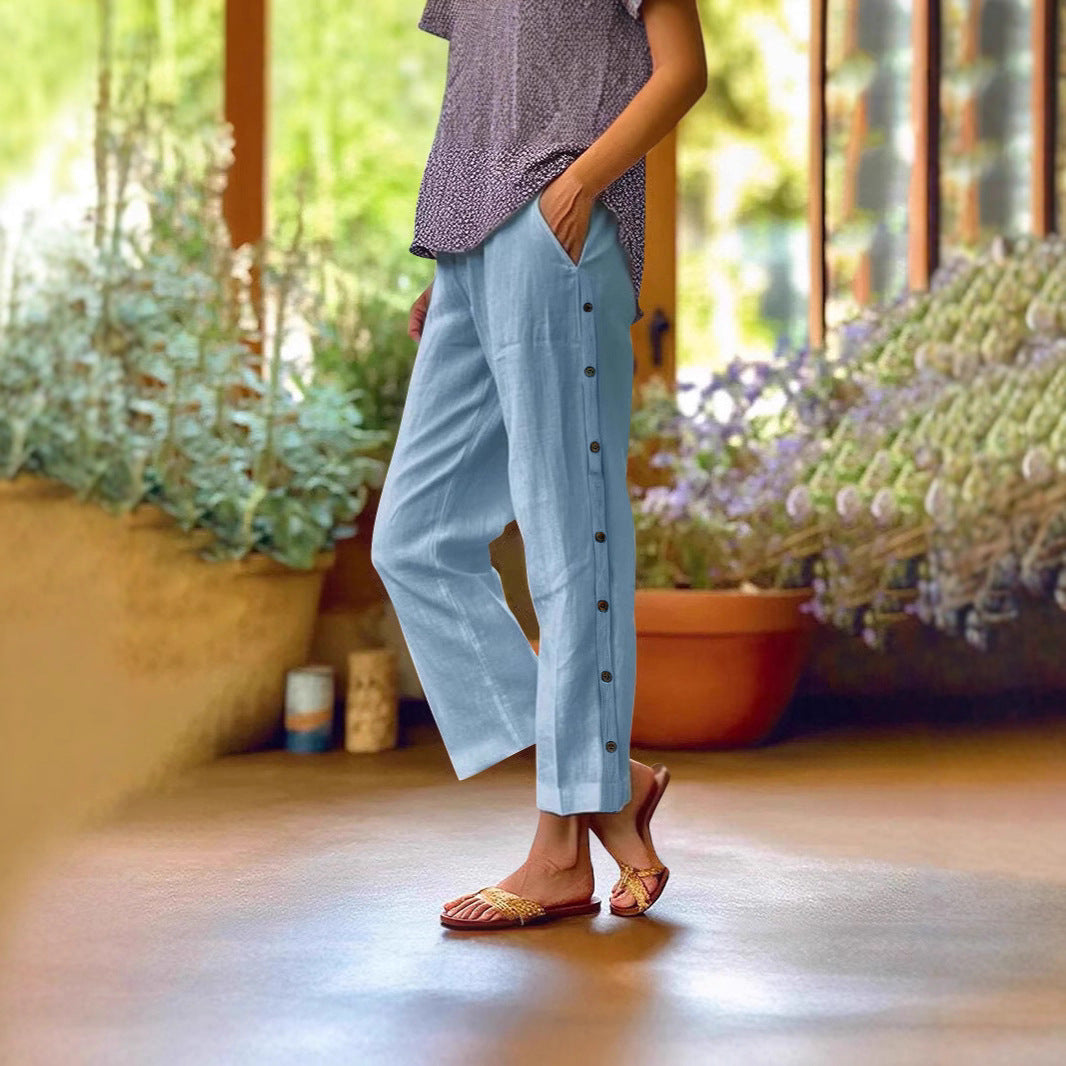 Women Lightweight and Breezy Summer Pants with Side Buttons Lune London