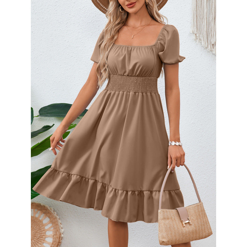 Square-necked smocked A-line dress for women with ruffled hem Lune London
