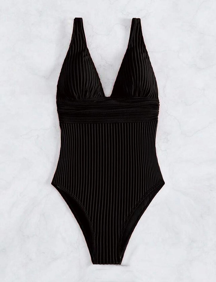 One-piece swimsuit for women with a refined ribbed design and a deep V neckline Lune London