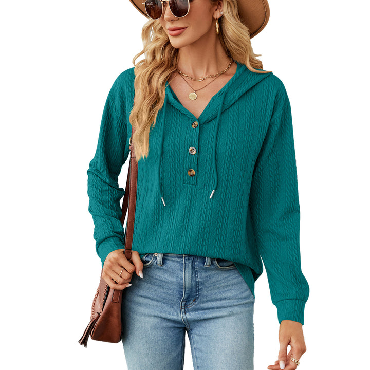 Casual hooded sweatshirt for women with textured surface and button details Lune London