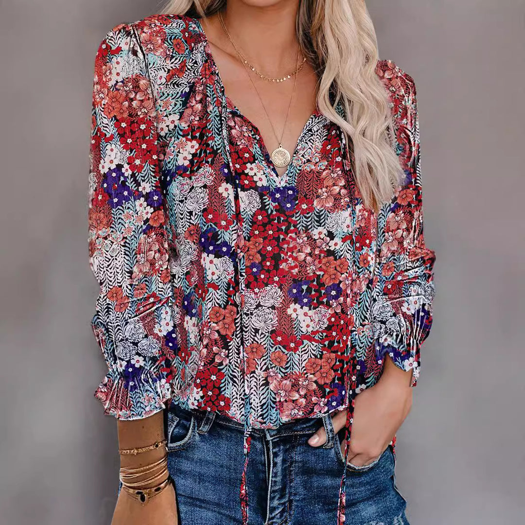 Women's shirt with V-neck and ruffle details Lune London