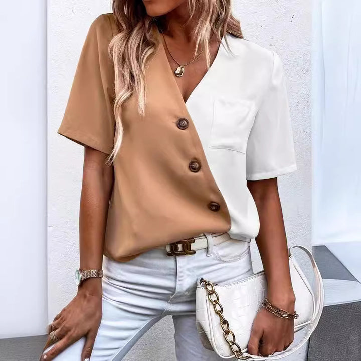 Elegant women's shirt with an asymmetrical color design and Lune London button details