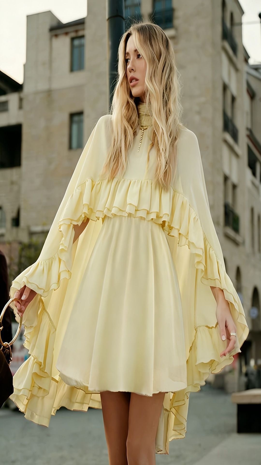 Women Elegant Ruffle Dress with High Neckline and Flowing Cut Lune London