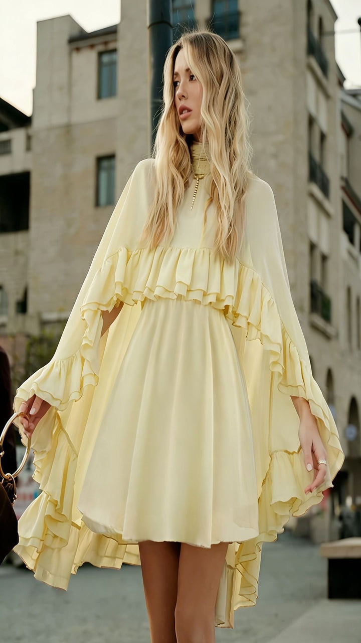 Women Elegant Ruffle Dress with High Neckline and Flowing Cut Lune London