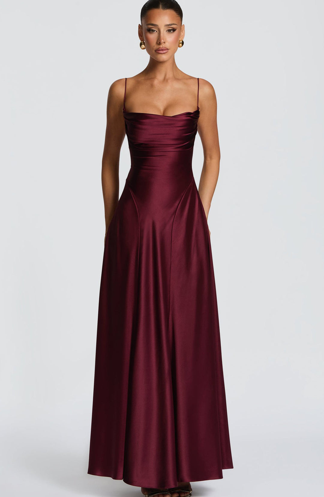 Women's Elegant Maxi Dress with Refined Spaghetti Straps and Flowing Satin Lune London