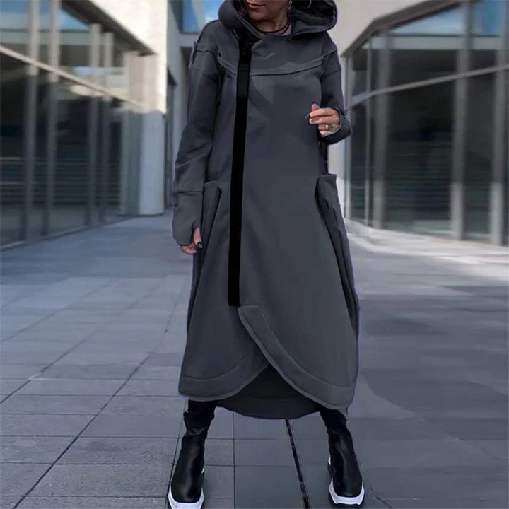 Modern women's hooded coat with side pockets and asymmetrical hem Lune London