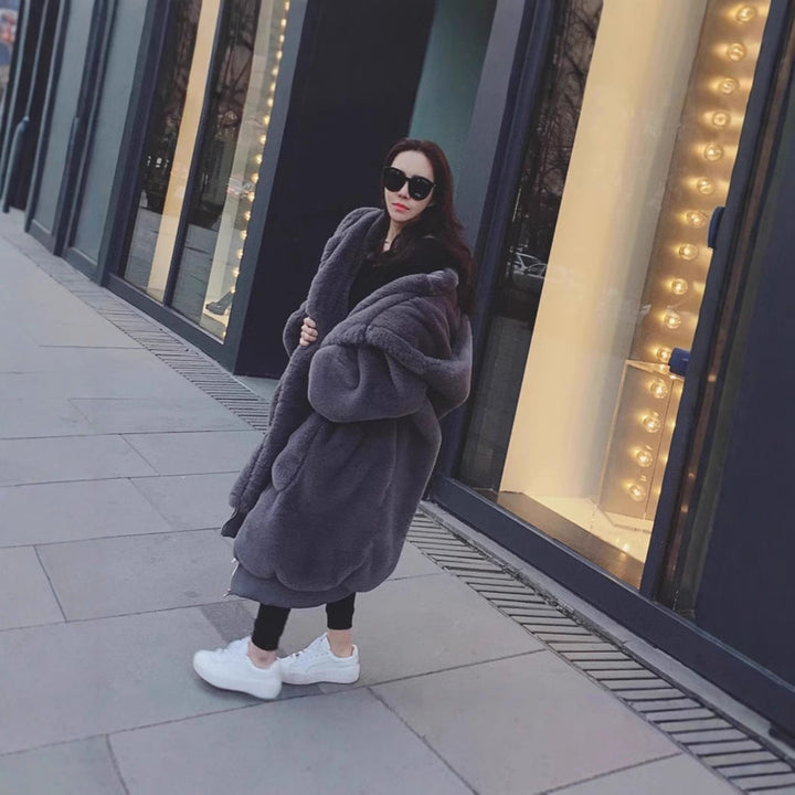 Ladies Oversized Faux Fur Coat with Hood and Pockets Lune London