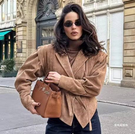 Ladies Elegant Jacket with Trendy Waist Belt and Structured Sleeves Lune London