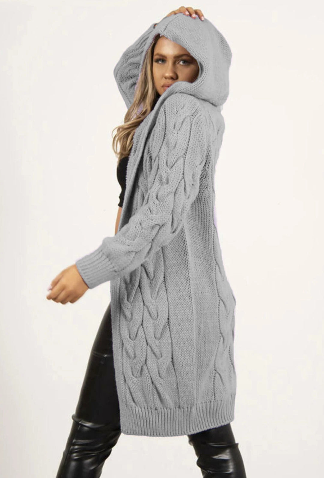 Knit coat for women with hood and cable knit pattern Lune London