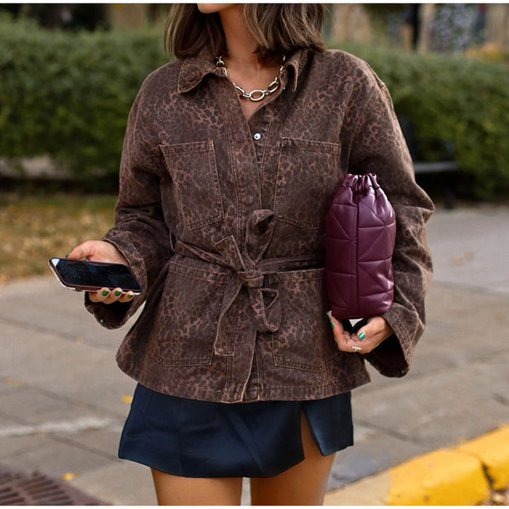 Trendy denim jacket for women with leopard design belt Lune London