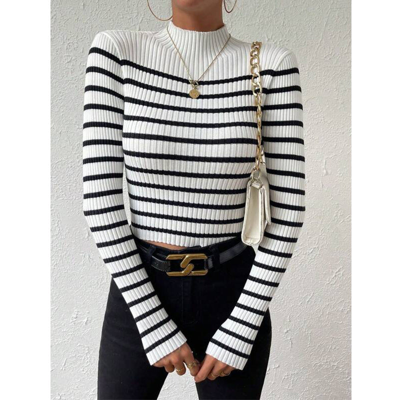 Women's ribbed knit sweater with high collar and embroidered striped pattern Lune London