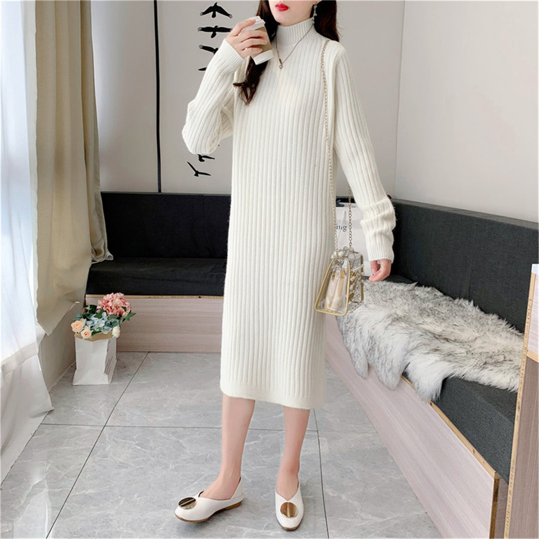 Maxi knit dress for women with high collar and fine ribbed structure Lune London